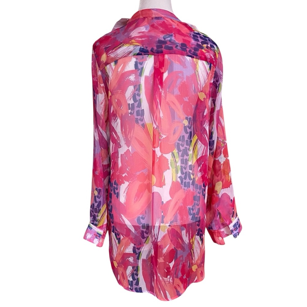 Soft Surroundings Sheer Floral Tunic Blouse Pink Multicolor Boho Flowy Size M - Picture 4 of 9
